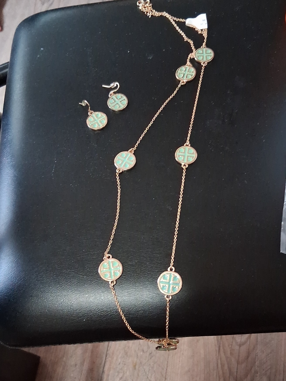 Source Unknown Gold-Tone Necklace and Earrings with Green Enamel Medallions